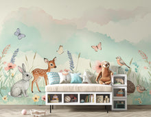 Load image into Gallery viewer, Animals Watercolor Meadow Wallpaper – Pastel Wildflower Mural with Bunny, Fawn &amp; Butterflies | Nursery Wall Art Spring Kids Room Decor 165DE