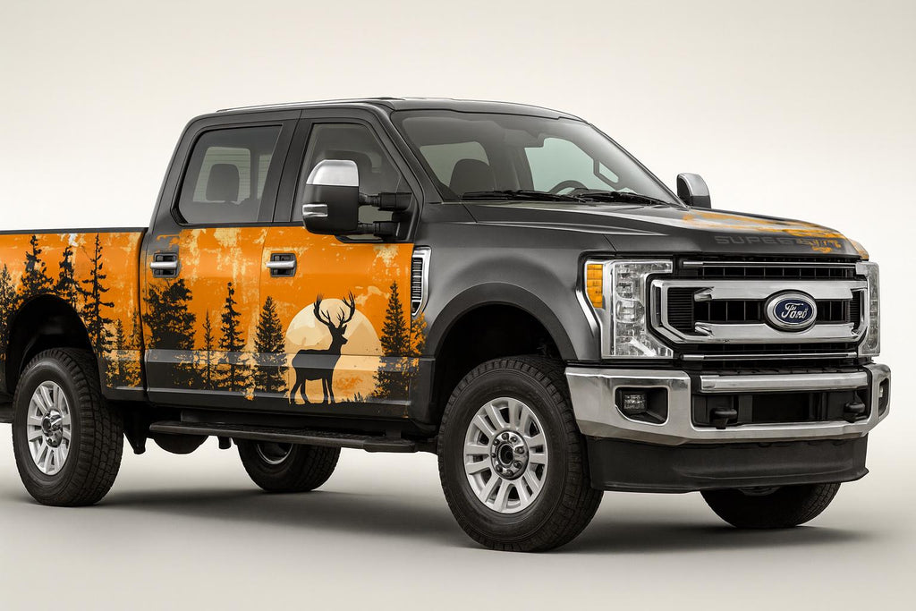 Sunset Forest Deer Car Wrap | Nature Silhouette Vinyl Design | Hunting Scene Vehicle Wrap | Outdoor Adventure Style | Wildlife Landscape