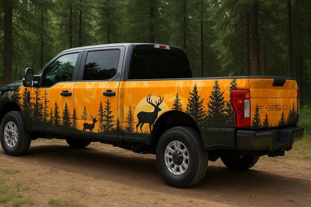 Sunset Forest Deer Car Wrap | Nature Silhouette Vinyl Design | Hunting Scene Vehicle Wrap | Outdoor Adventure Style | Wildlife Landscape