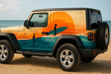 Load image into Gallery viewer, Surf Sunset Car Wrap | Beach Wave Vinyl Design | Coastal Adventure Vehicle Wrap | Retro Ocean Style | Tropical Surf Graphic Wrap for Outdoor