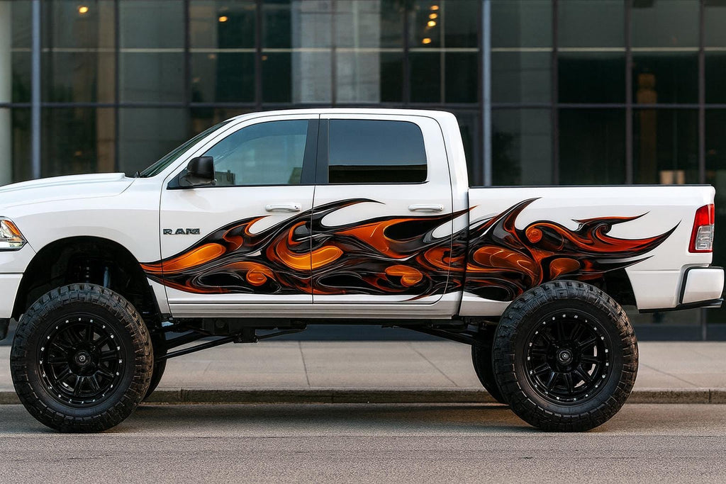 Abstract Flame Car Wrap | Fiery Liquid Swirl Vinyl Design | Aggressive Racing Style Vehicle Wrap | Red Orange Black Motion Art Wrap