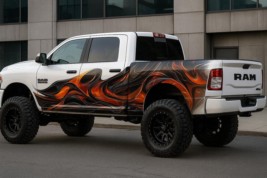 Abstract Flame Car Wrap | Fiery Liquid Swirl Vinyl Design | Aggressive Racing Style Vehicle Wrap | Red Orange Black Motion Art Wrap