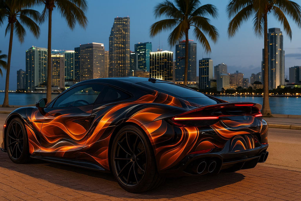 Abstract Flame Car Wrap | Molten Metallic Liquid Vinyl Design | Orange Black High-Performance Vehicle Wrap | Modern Street Art Car Wrap