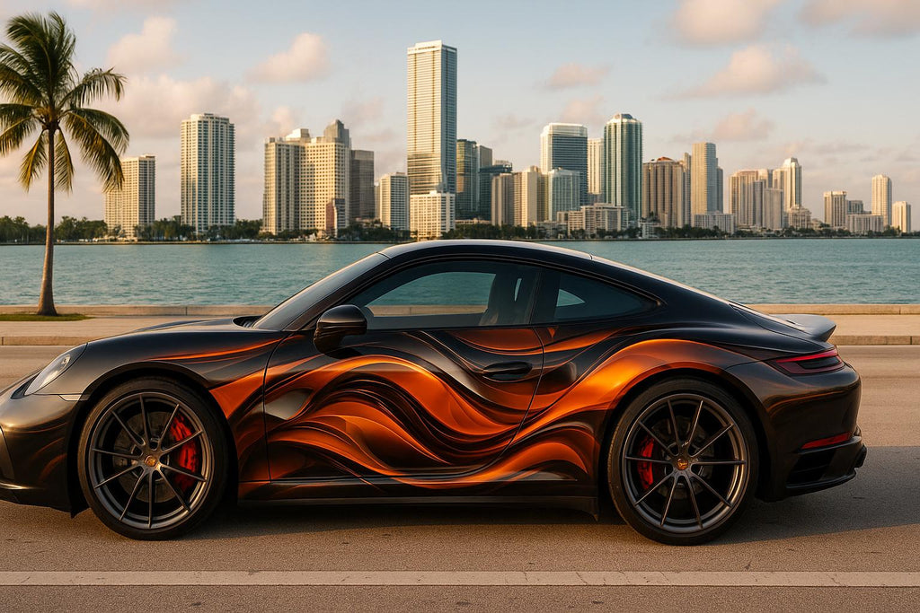 Abstract Flame Car Wrap | Molten Metallic Liquid Vinyl Design | Orange Black High-Performance Vehicle Wrap | Modern Street Art Car Wrap