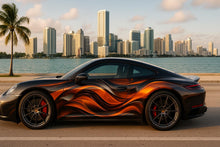 Load image into Gallery viewer, Abstract Flame Car Wrap | Molten Metallic Liquid Vinyl Design | Orange Black High-Performance Vehicle Wrap | Modern Street Art Car Wrap