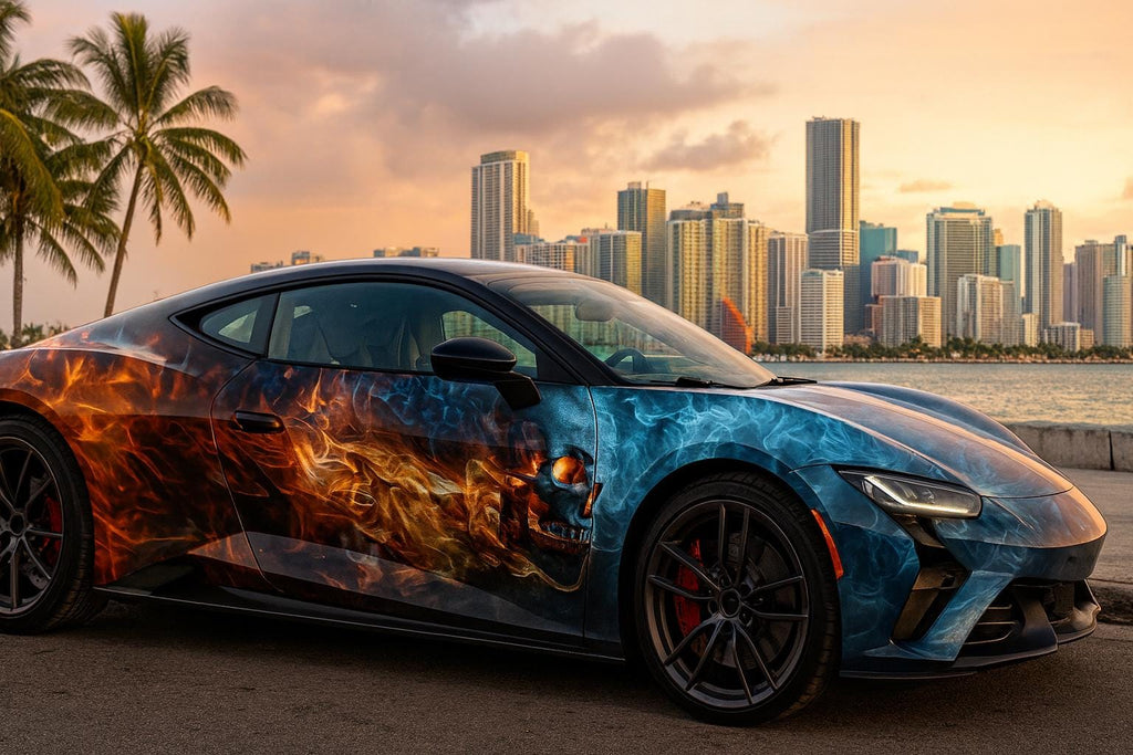 Fire and Ice Skull Car Wrap | Dual Flame & Frost Vinyl Design | Blue Red Abstract Vehicle Wrap | Molten Heat vs Cold Energy Car Wrap