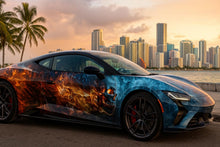 Load image into Gallery viewer, Fire and Ice Skull Car Wrap | Dual Flame &amp; Frost Vinyl Design | Blue Red Abstract Vehicle Wrap | Molten Heat vs Cold Energy Car Wrap