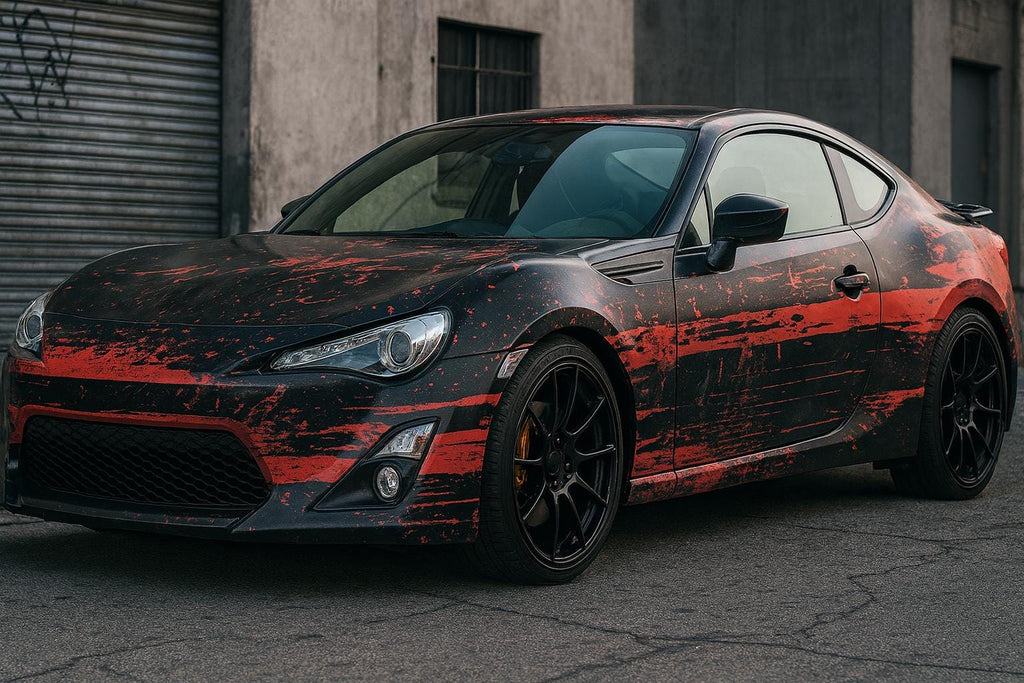 Red Black Distressed Car Wrap | Urban Grit Vinyl Design | Grunge Street Style Vehicle Wrap | Industrial Weathered Look Car Vinyl