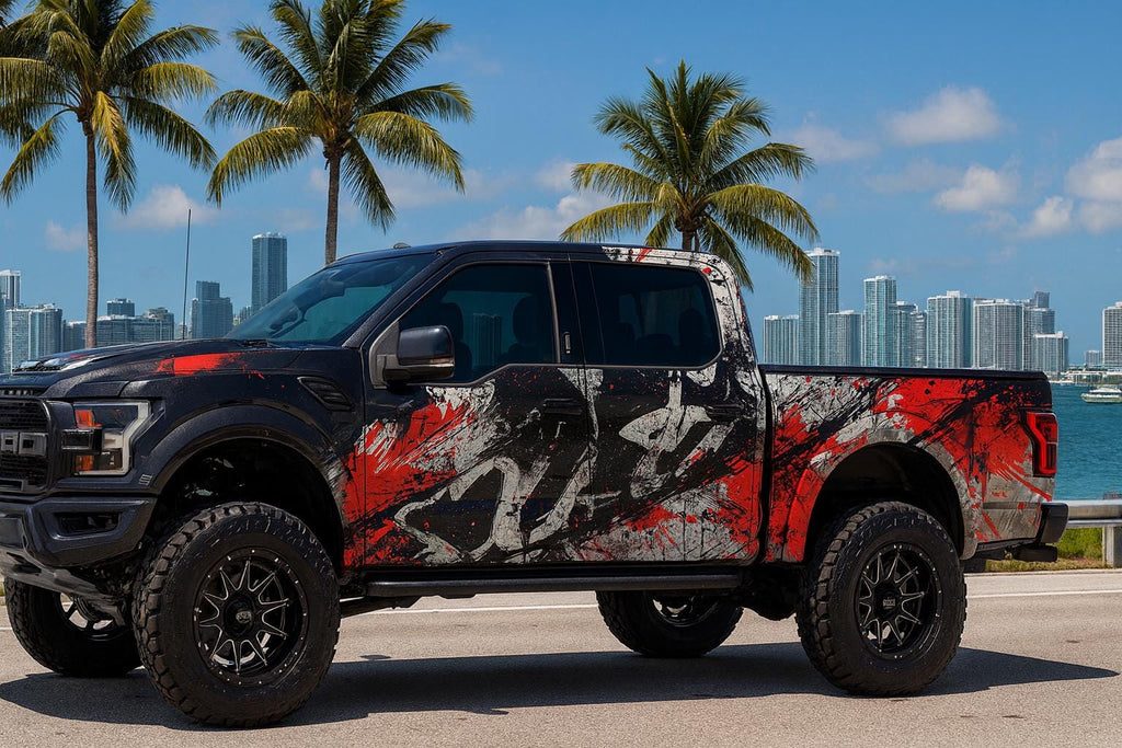 Red Black White Splatter Car Wrap | Urban Street Vinyl Design | Abstract Paint Smash Vehicle Wrap | Modern Grunge Style Auto Wrap