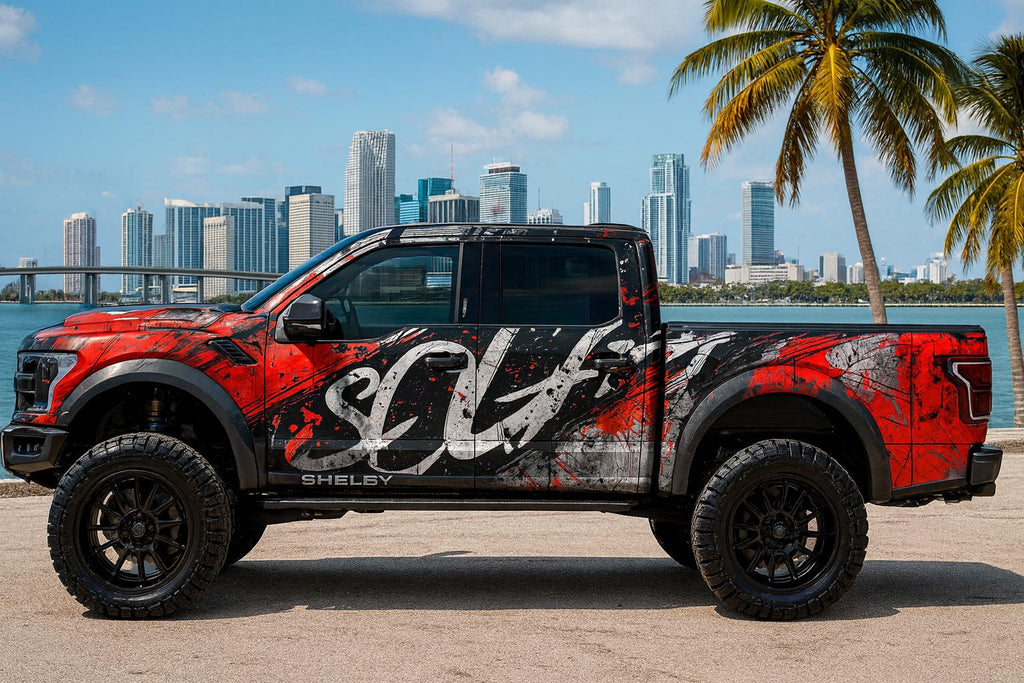 Red Black White Splatter Car Wrap | Urban Street Vinyl Design | Abstract Paint Smash Vehicle Wrap | Modern Grunge Style Auto Wrap