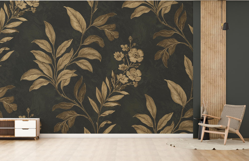 Luxurious Botanical Wallpaper – Large-Scale Gold Leaves & Flowers on Charcoal, Elegant Pattern Dramatic Wall Mural Trending Etsy Decor 979RS