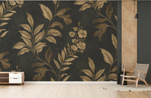 Load image into Gallery viewer, Luxurious Botanical Wallpaper – Large-Scale Gold Leaves &amp; Flowers on Charcoal, Elegant Pattern Dramatic Wall Mural Trending Etsy Decor 979RS