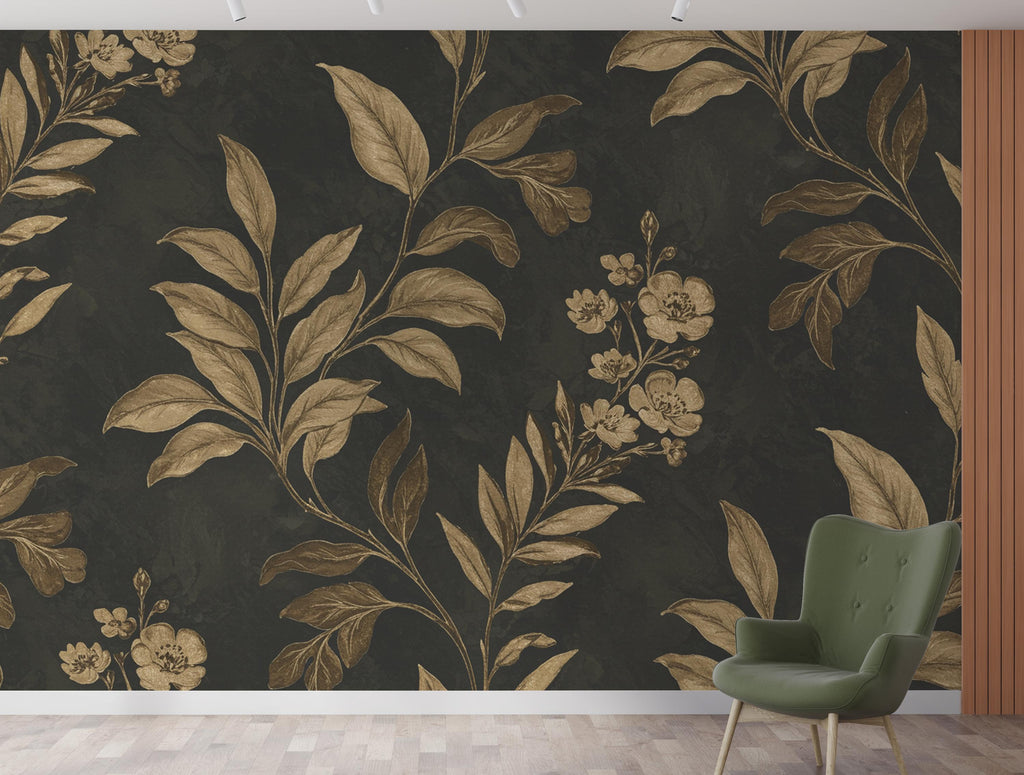 Luxurious Botanical Wallpaper – Large-Scale Gold Leaves & Flowers on Charcoal, Elegant Pattern Dramatic Wall Mural Trending Etsy Decor 979RS