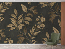 Load image into Gallery viewer, Luxurious Botanical Wallpaper – Large-Scale Gold Leaves &amp; Flowers on Charcoal, Elegant Pattern Dramatic Wall Mural Trending Etsy Decor 979RS