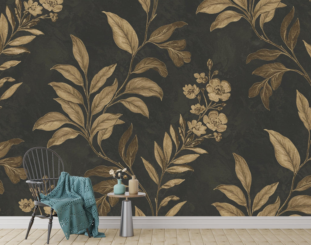 Luxurious Botanical Wallpaper – Large-Scale Gold Leaves & Flowers on Charcoal, Elegant Pattern Dramatic Wall Mural Trending Etsy Decor 979RS