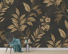 Load image into Gallery viewer, Luxurious Botanical Wallpaper – Large-Scale Gold Leaves &amp; Flowers on Charcoal, Elegant Pattern Dramatic Wall Mural Trending Etsy Decor 979RS