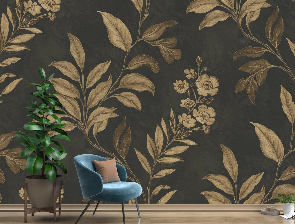 Luxurious Botanical Wallpaper – Large-Scale Gold Leaves & Flowers on Charcoal, Elegant Pattern Dramatic Wall Mural Trending Etsy Decor 979RS