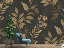 Load image into Gallery viewer, Luxurious Botanical Wallpaper – Large-Scale Gold Leaves &amp; Flowers on Charcoal, Elegant Pattern Dramatic Wall Mural Trending Etsy Decor 979RS