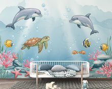 Load image into Gallery viewer, Underwater Watercolor Wallpaper Mural | Dolphin, Fish &amp; Sea Turtle Wall Art | Ocean Nursery Wallpaper | Kids Room | Baby Room Mural 166DE