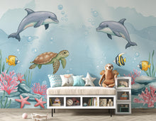 Load image into Gallery viewer, Underwater Watercolor Wallpaper Mural | Dolphin, Fish &amp; Sea Turtle Wall Art | Ocean Nursery Wallpaper | Kids Room | Baby Room Mural 166DE