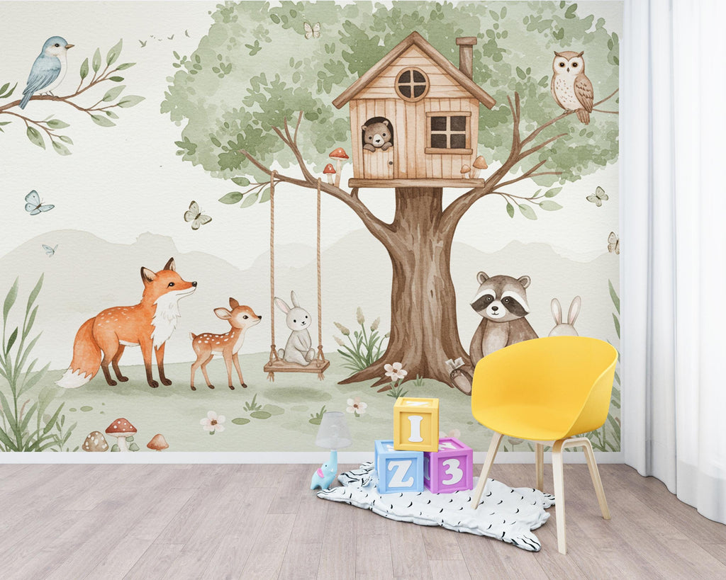 Whimsical Woodland Watercolor Wallpaper Mural | Treehouse Forest Animals Wall Art | Nursery Wall Decor | Baby Room Woodland Kids Room 167DE