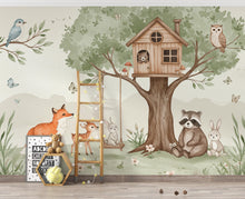 Load image into Gallery viewer, Whimsical Woodland Watercolor Wallpaper Mural | Treehouse Forest Animals Wall Art | Nursery Wall Decor | Baby Room Woodland Kids Room 167DE