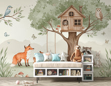 Load image into Gallery viewer, Whimsical Woodland Watercolor Wallpaper Mural | Treehouse Forest Animals Wall Art | Nursery Wall Decor | Baby Room Woodland Kids Room 167DE