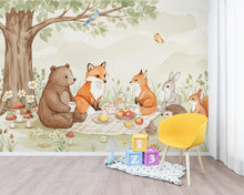 Load image into Gallery viewer, Watercolor Woodland River Wallpaper Mural | Bear, Fox &amp; Bunny Wall Art | Forest Animals Nursery Decor | Kids Room Wall Mural Woodland 168DE