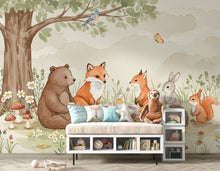 Load image into Gallery viewer, Watercolor Woodland River Wallpaper Mural | Bear, Fox &amp; Bunny Wall Art | Forest Animals Nursery Decor | Kids Room Wall Mural Woodland 168DE