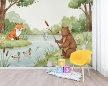 Load image into Gallery viewer, Soft Watercolor Woodland River Wallpaper Mural | Bear, Fox &amp; Bunny Forest Wall Art | Nursery Wallpaper | Woodland Animals Room Decor 169DE