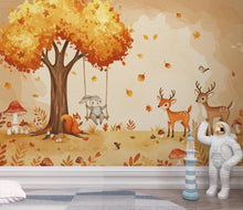 Load image into Gallery viewer, Autumn Woodland Watercolor Wallpaper Mural | Fall Forest Animals Wall Art | Bunny, Fox &amp; Deer Nursery Decor | Cozy Fall Kids Room 170DE