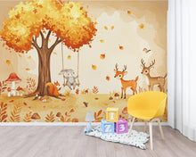 Load image into Gallery viewer, Autumn Woodland Watercolor Wallpaper Mural | Fall Forest Animals Wall Art | Bunny, Fox &amp; Deer Nursery Decor | Cozy Fall Kids Room 170DE