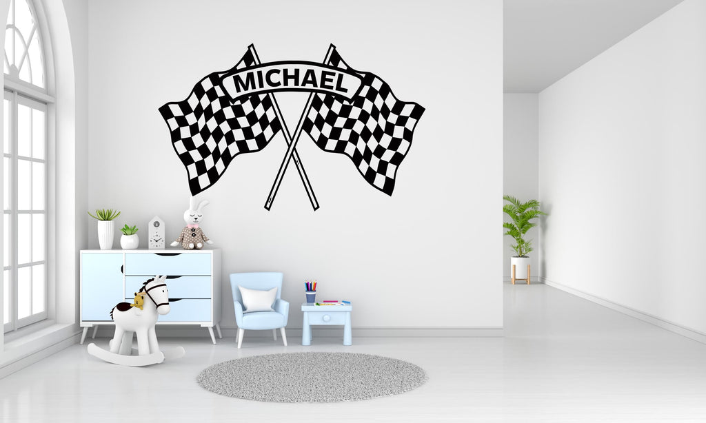 Personalized Race Car Wall Decal, Checkered Flag Name Wall Sticker, Custom Racing Wall Art, Boys Room Decor, Race Theme Nursery 688LU