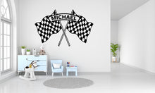 Load image into Gallery viewer, Personalized Race Car Wall Decal, Checkered Flag Name Wall Sticker, Custom Racing Wall Art, Boys Room Decor, Race Theme Nursery 688LU