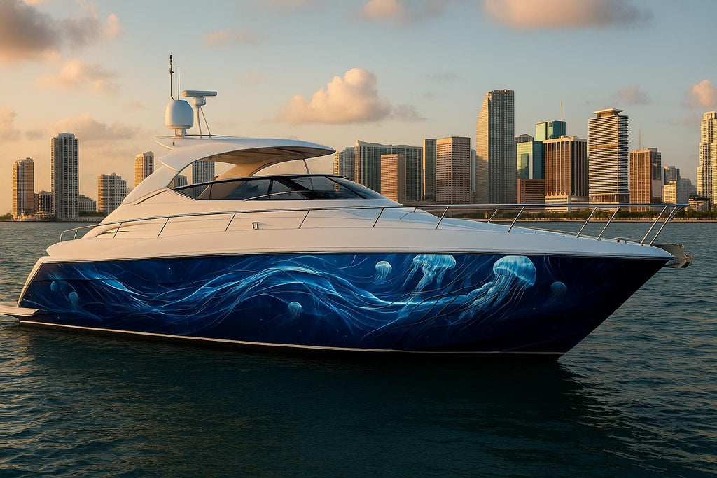Deep Ocean Boat Wrap – Blue Jellyfish Marine Vinyl Hull Graphics, Underwater Wave Design, Premium Peel And Stick Ocean Wrap
