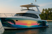 Load image into Gallery viewer, Tropical Sunset Boat Wrap – Palm Tree And Ocean Horizon Design, Vibrant Marine Vinyl Hull Wrap, Premium Peel And Stick Tropical Boat Art