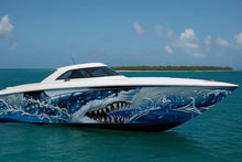 Load image into Gallery viewer, Shark Boat Wrap – Fierce Ocean Predator Design, Realistic Marine Vinyl Hull Graphics, Premium Peel And Stick Shark Art Boat Wrap
