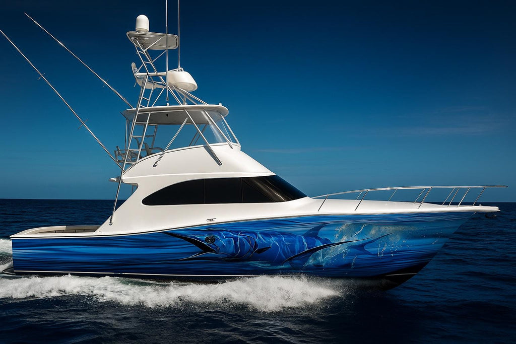 Blue Marlin Boat Wrap – Realistic Full-Color Marine Vinyl Design for Fishing Boats, Sport Boats & Offshore Racers | Custom Deep Sea Boat