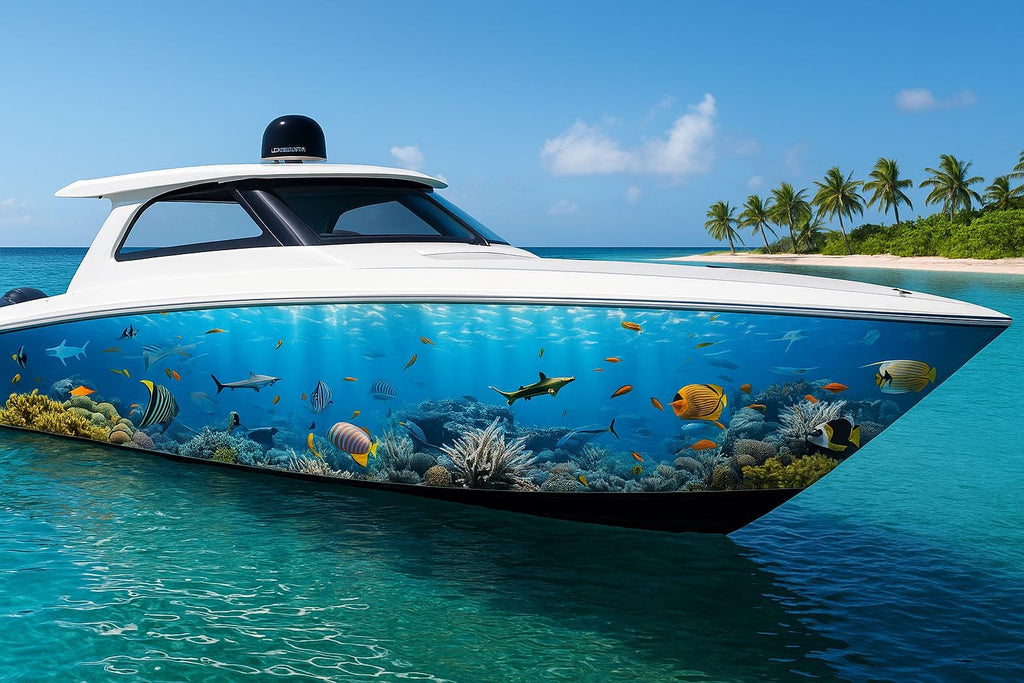 Tropical Reef Boat Wrap – Vibrant Full-Color Marine Vinyl Design with Coral & Fish for Yachts, Fishing Boats Sport Boats | Ocean Theme