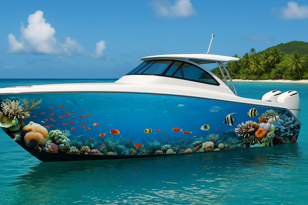 Coral Reef Paradise Boat Wrap – Full-Color Tropical Marine Vinyl for Yachts, Fishing Boats & Sport Cruisers | Underwater Ocean Scene Boat