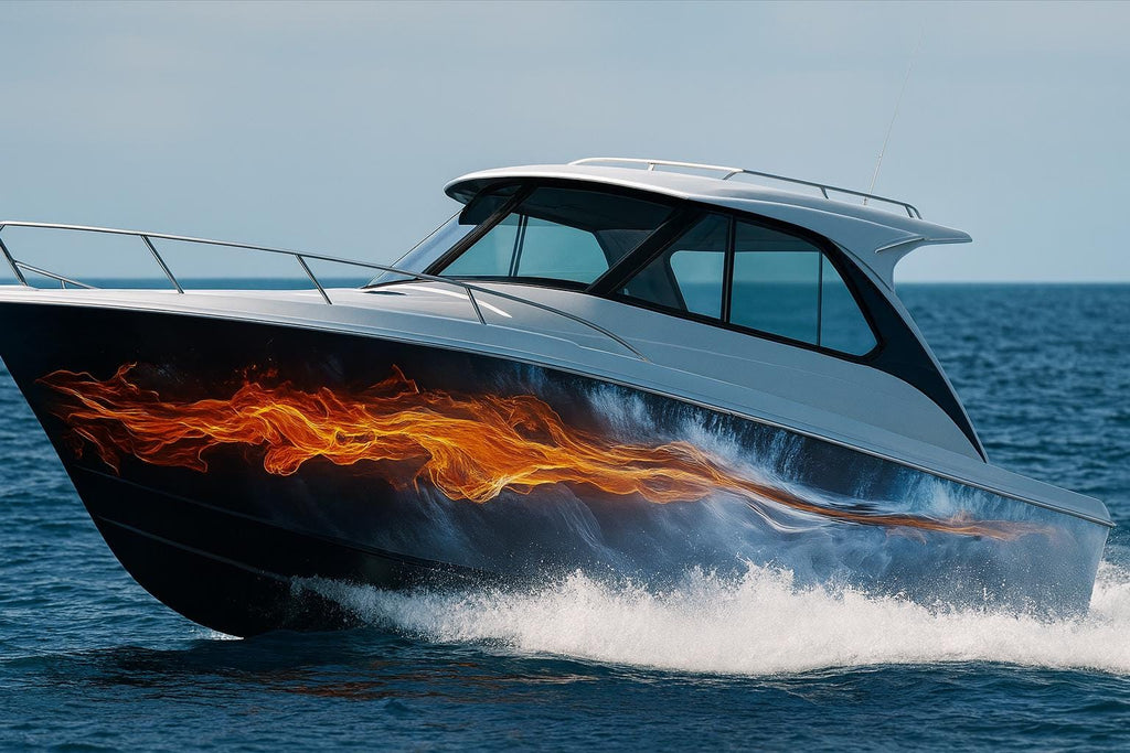 Fire Streak Ocean Boat Wrap – Fiery Wave Vinyl Wrap – Marine Boat Decal Graphic – Custom Full Side Boat Wrap – Blue And Flame Water Design