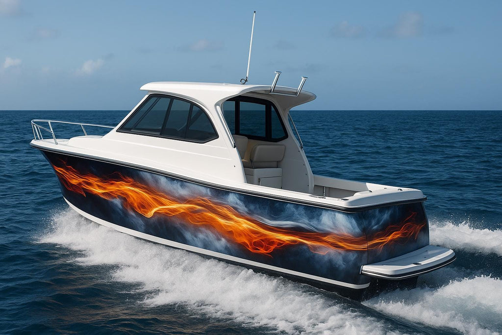 Fire Streak Ocean Boat Wrap – Fiery Wave Vinyl Wrap – Marine Boat Decal Graphic – Custom Full Side Boat Wrap – Blue And Flame Water Design