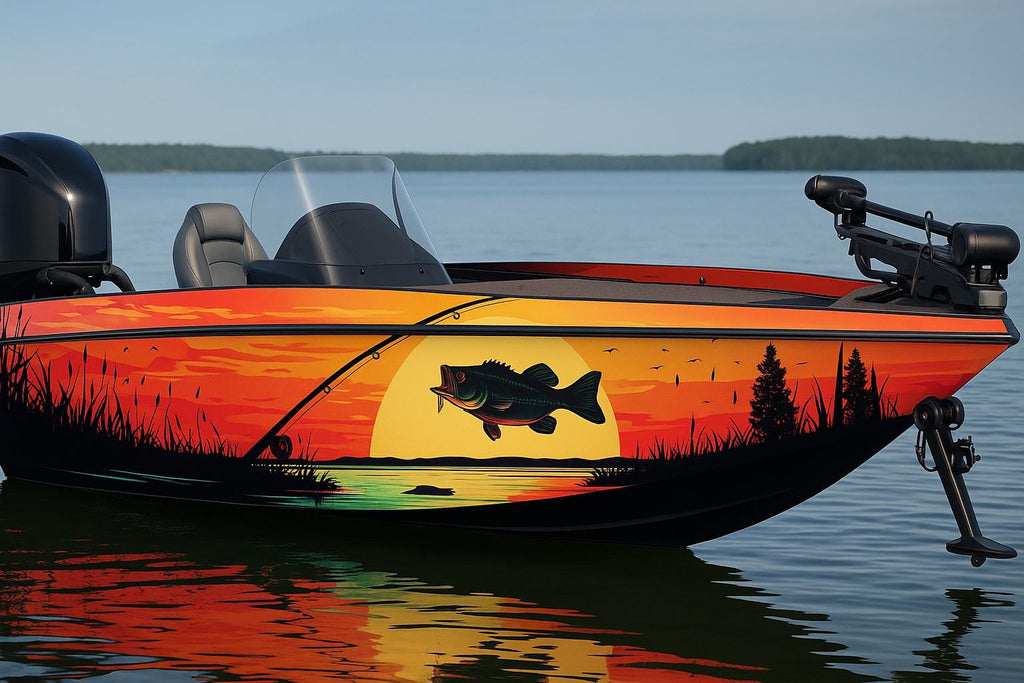 Sunset Bass Fishing Boat Wrap – Lake Scene Vinyl Wrap – Custom Full Side Marine Wrap – Fishing Boat Decal With Bass And Trees – Sunrise Boat