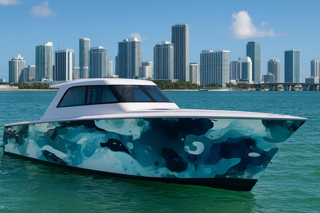 Aqua Camo Ocean Boat Wrap – Blue Water Camouflage Vinyl Wrap – Marine Grade Boat Decal – Custom Full Side Wrap – Abstract Sea Pattern Boat