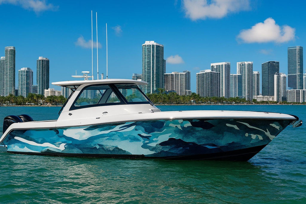 Blue Camo Marine Boat Wrap – Ocean Camouflage Vinyl Wrap – Custom Full Side Marine Wrap – Abstract Water Design – Premium Marine Grade Boat