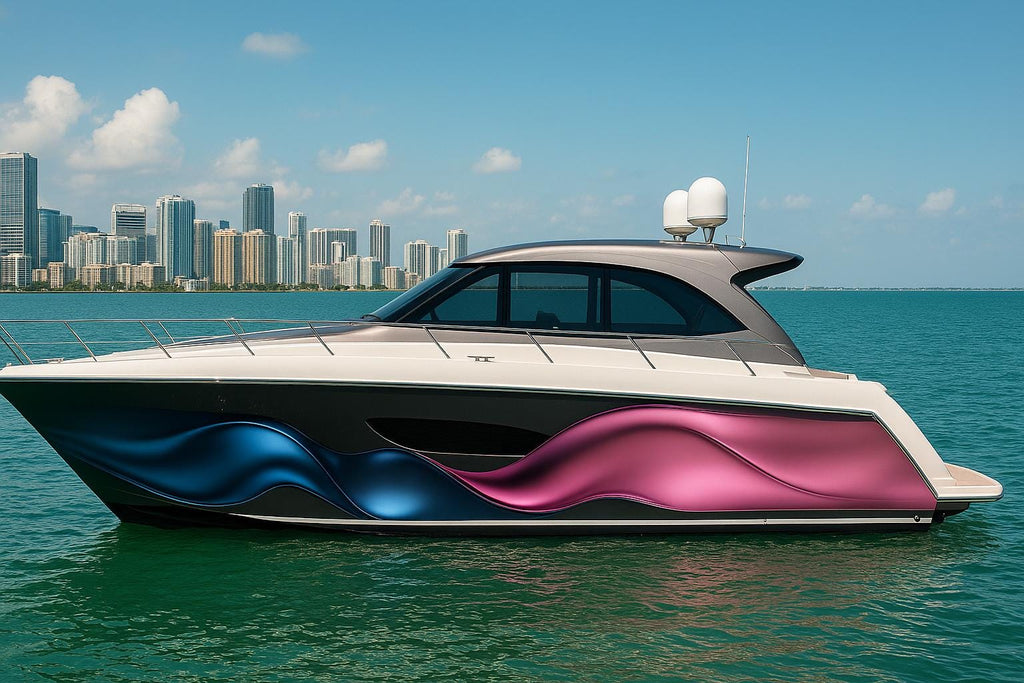 Metallic Wave Fusion Boat Wrap – Blue And Magenta Vinyl Wrap – Custom Full Side Marine Wrap – Luxury Boat Decal – Glossy 3D Wave Design