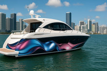 Load image into Gallery viewer, Metallic Wave Fusion Boat Wrap – Blue And Magenta Vinyl Wrap – Custom Full Side Marine Wrap – Luxury Boat Decal – Glossy 3D Wave Design