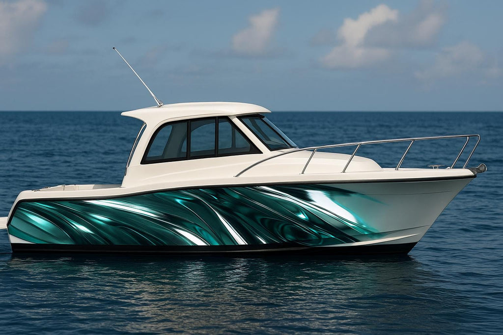Emerald Liquid Flow Boat Wrap – Metallic Green And Silver Vinyl Wrap – Marine Grade Boat Decal – Custom Full Side Graphic Wrap