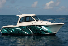 Load image into Gallery viewer, Emerald Liquid Flow Boat Wrap – Metallic Green And Silver Vinyl Wrap – Marine Grade Boat Decal – Custom Full Side Graphic Wrap