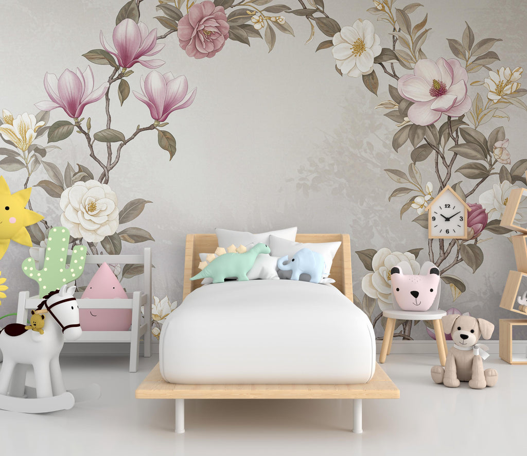 Elegant Magnolia Tree Wall Mural – Hand-Painted Watercolor Blossoms in Blush Pink & White | Romantic Floral Wallpaper 986RS
